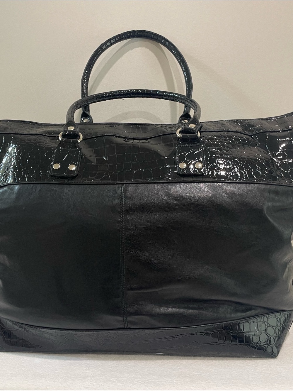 Black Croc-Accent Leather Weekender Bag